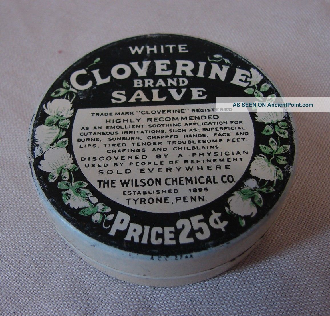 Ca.  1930 ' S Vtg White Cloverine Salve Tin Wilson Chemical Co 2 - 1/2 