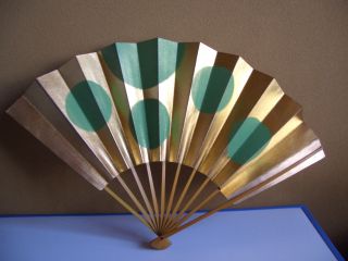 Japanese Antique Vintage Folding Paper Fan Gold Base Green Round Mark / 330mm photo