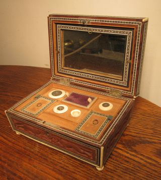 Antique Rare Anglo Indian Hand Carved Wood Sterling Bone Jade Sewing Box 1800 ' S photo