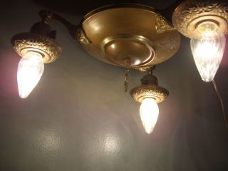 Antique Vintage Petite Brass Pan Ceiling Light Chandelier 3 Light photo