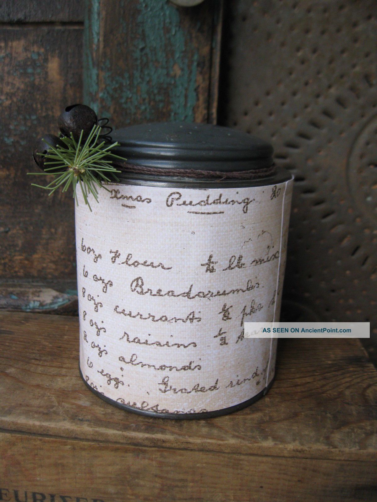 Antique Tin Sugar Shaker Dressed Up For Christmas W Xmas Pudding Recipe Primitives photo