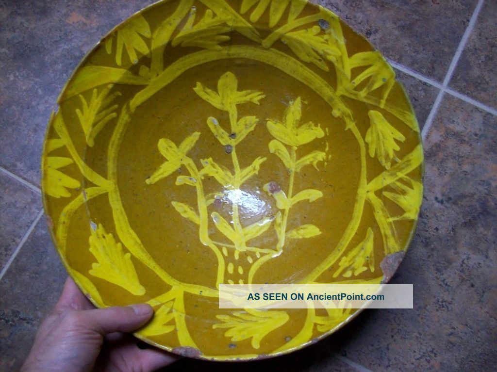 Antique 19th C Pennsylvania Redware Bowl Yellow Slip Decorated Primitives photo