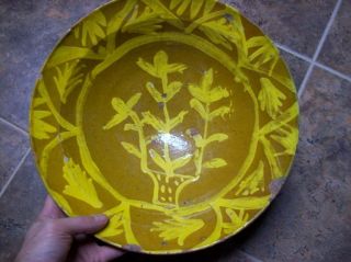 Antique 19th C Pennsylvania Redware Bowl Yellow Slip Decorated photo