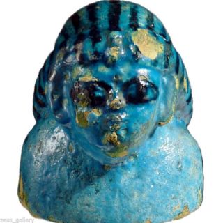 Rare Ancient Egyptian Blue Faience Priest / Male Head Black Details photo