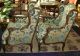Pair Antique Queen Anne Chairs Down Cushions Blue & Ivory Carved Wood 1900-1950 photo 3