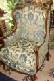 Pair Antique Queen Anne Chairs Down Cushions Blue & Ivory Carved Wood 1900-1950 photo 4