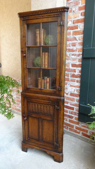 Antique English Carved Oak Corner Cabinet Display Case Bookcase Tall Slim photo