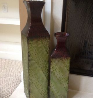 Tall Metal Urn Type Vases Pair Copper Brown Green Exc photo