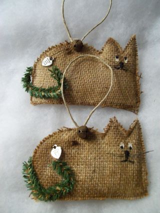 Primitive Christmas Burlap Cat Ornies Set Of 4 photo