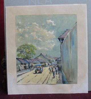 Watercolor Painting Of A Town Street With People,  Signed Indonesia photo
