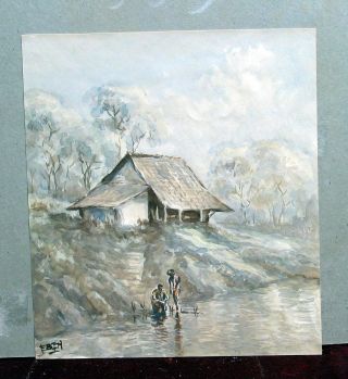 Watercolor Painting Of A House And People At A River S,  Signed Indonesia photo