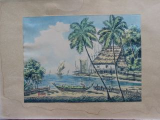 Watercolor Painting Of A Houses And Ships At A River Signed Indonesia photo