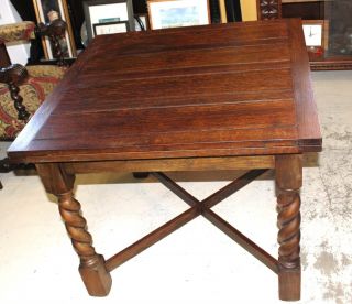 English Antique Oak Draw / Drop Leaf Dining Table With Barley Twist Legs photo