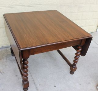 English Antique Oak Drop Leaf Kitchen / Dining Table With Barley Twist Legs photo