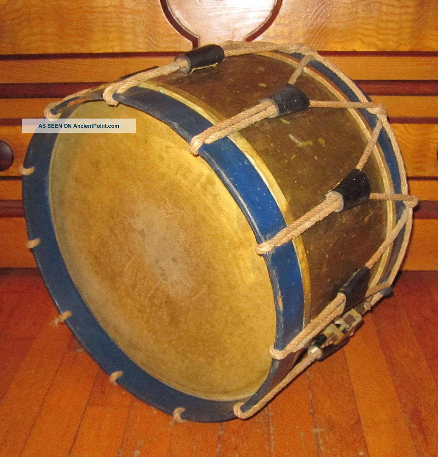 Antique Snare Drum Couesnon French Rope Tension Drum Indigo Blue Paint Primitives photo