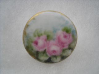 Antique Hand Painted Porcelain Button Pink Roses Gorgeous photo