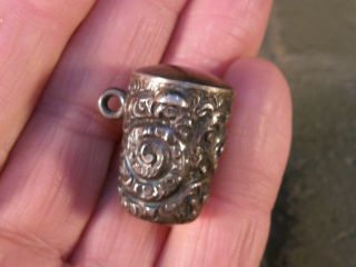 Antq Sterling Repousse Chatelaine Thimble Case Gold Wash Signed Hindged Lid Nr photo