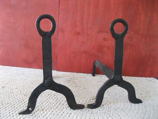 Antique Andirons Vintage Pair Hand Forged Wrought Iron,  O Loop Design,  Fireplace photo