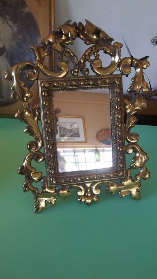 Antique Cast Brass Ornate Rococo Leaf Gold Easel Back Metal Vanity Mirror Frame photo