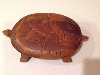 Exceptional Vintage Carved Wood Bowl With Lid - Turtle With Fish photo