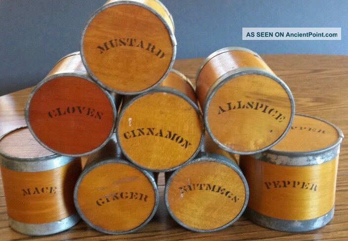 Antique Mid 1800 S Round Wooden Spice Box Canister Set 9 Pc Complete