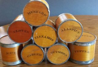 Antique Mid - 1800 ' S Round Wooden Spice Box Canister Set / 9 Pc - Complete photo