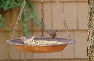 Primitive Distressed Rusty Metal Finish Hanging Bird Feeder - Bird Details - Vintage photo