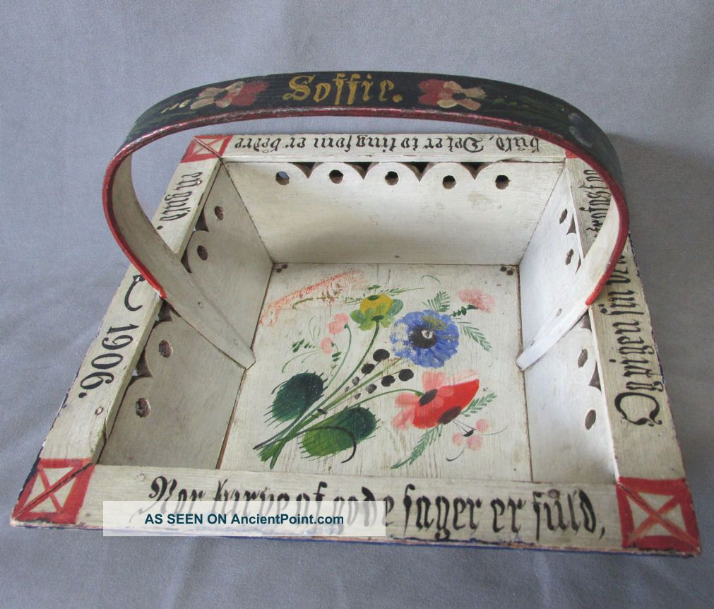 C1906 Norwegian Rosemaling Folk Art Painted Basket Primitives photo