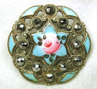 Antique Enamel Button Colorful Hand Painted Rose Pierced W Cut Steels Lg Size photo