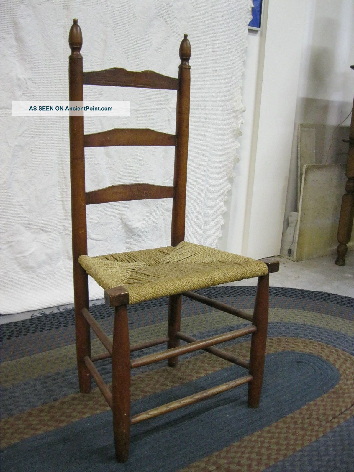 Primitive 1800s New England 3 Slat Ladder Back Chair High Finial Post Rush Seat 1800-1899 photo
