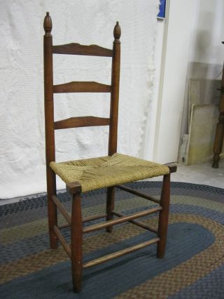 Primitive 1800s New England 3 Slat Ladder Back Chair High Finial Post Rush Seat photo
