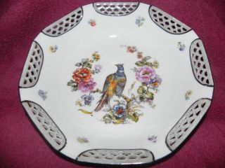 Perfect Antique Porcelain Reticulated Bowl Dish Floral Pheasant Germany photo