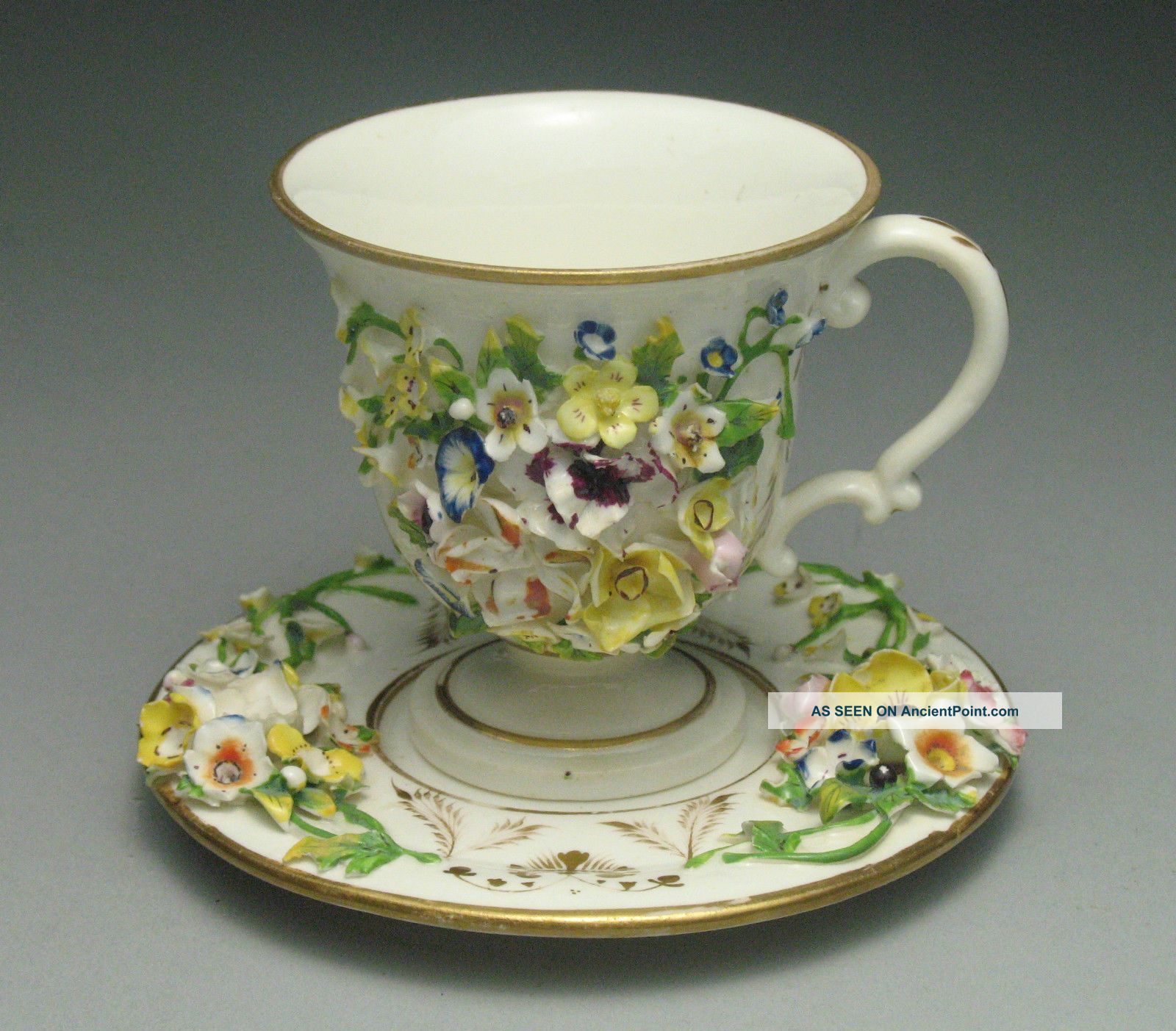 Crown Derby Porcelain Chocolate Cup & Saucer Applied Flowers 19th Century Cups & Saucers photo