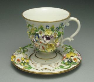 Crown Derby Porcelain Chocolate Cup & Saucer Applied Flowers 19th Century photo