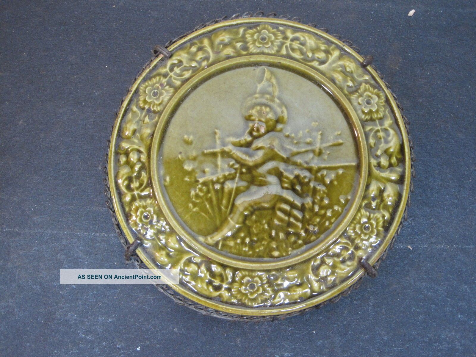 Antique Tile & Decorative Wirework Trivet Little Boy Catching Butterflies Trivets photo
