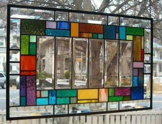 Engraved Bevels With Color Surround Lg.  Stained Glass Window Panel photo