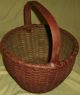Best Antique Oak Splint Gathering Basket Carved Handle Old Red Painted Surface Primitives photo 10