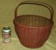 Best Antique Oak Splint Gathering Basket Carved Handle Old Red Painted Surface Primitives photo 11