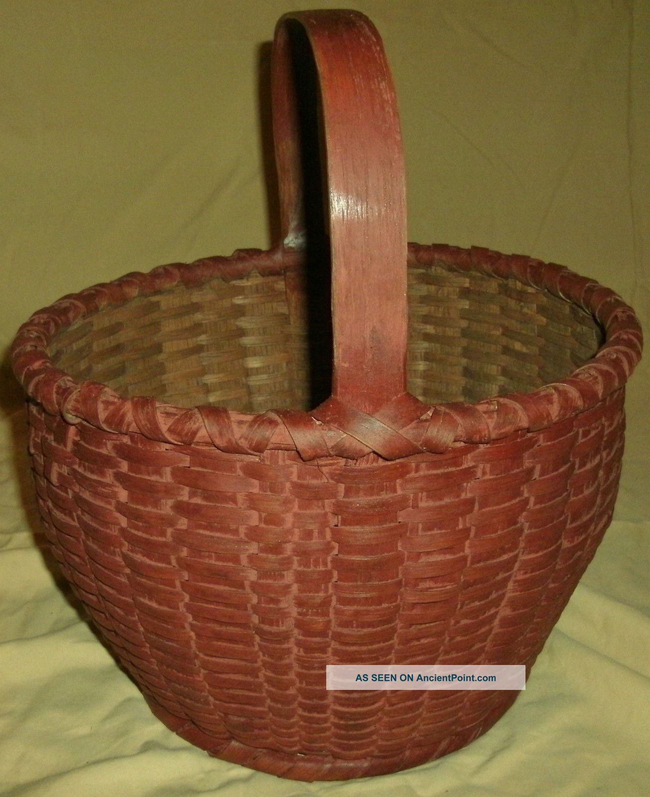 Best Antique Oak Splint Gathering Basket Carved Handle Old Red Painted Surface Primitives photo