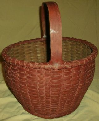 Best Antique Oak Splint Gathering Basket Carved Handle Old Red Painted Surface photo