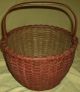 Best Antique Oak Splint Gathering Basket Carved Handle Old Red Painted Surface Primitives photo 8