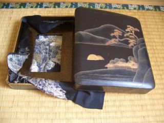 Japanese Antique Vintage Woody Inkstone Case Gold Mountain And Pines photo