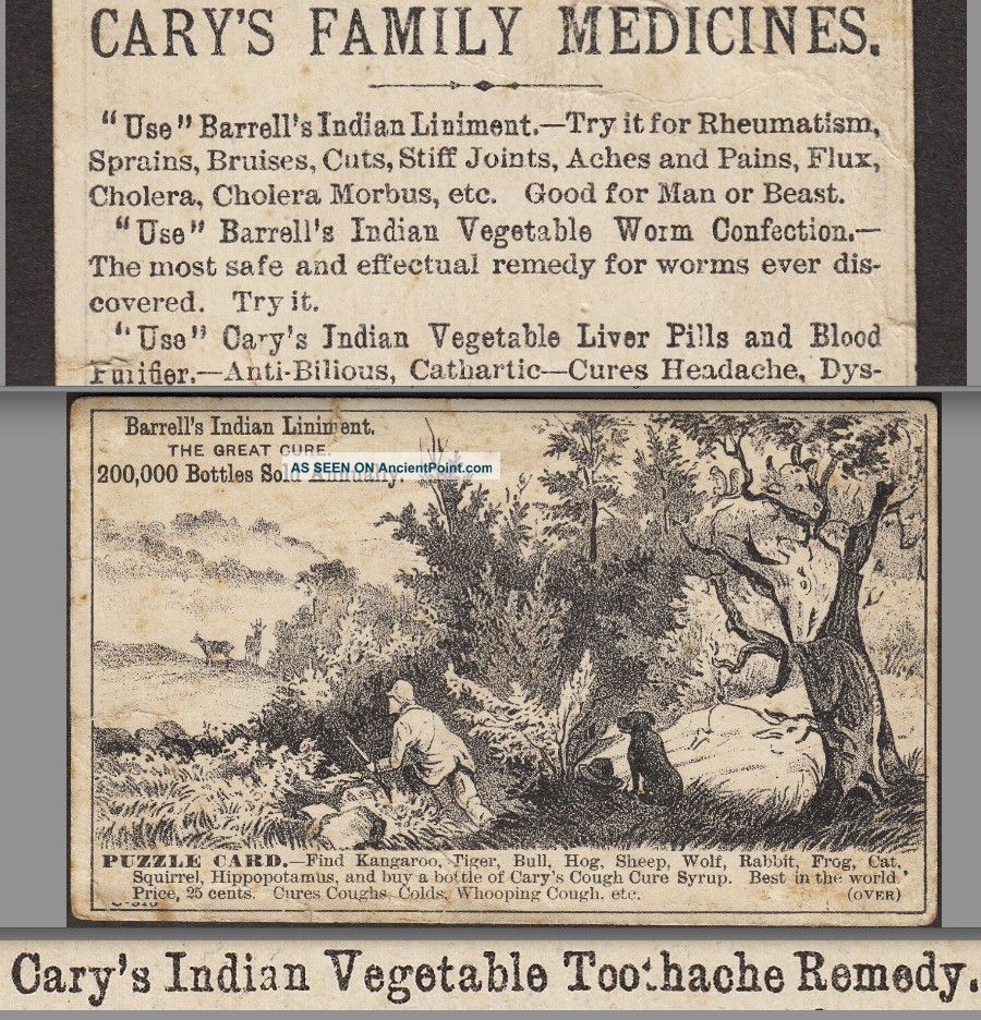 Carys Indian Toothache Remedy Cough Cure Liniment Hunting Liver Blood Trade Card Quack Medicine photo