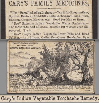 Carys Indian Toothache Remedy Cough Cure Liniment Hunting Liver Blood Trade Card photo