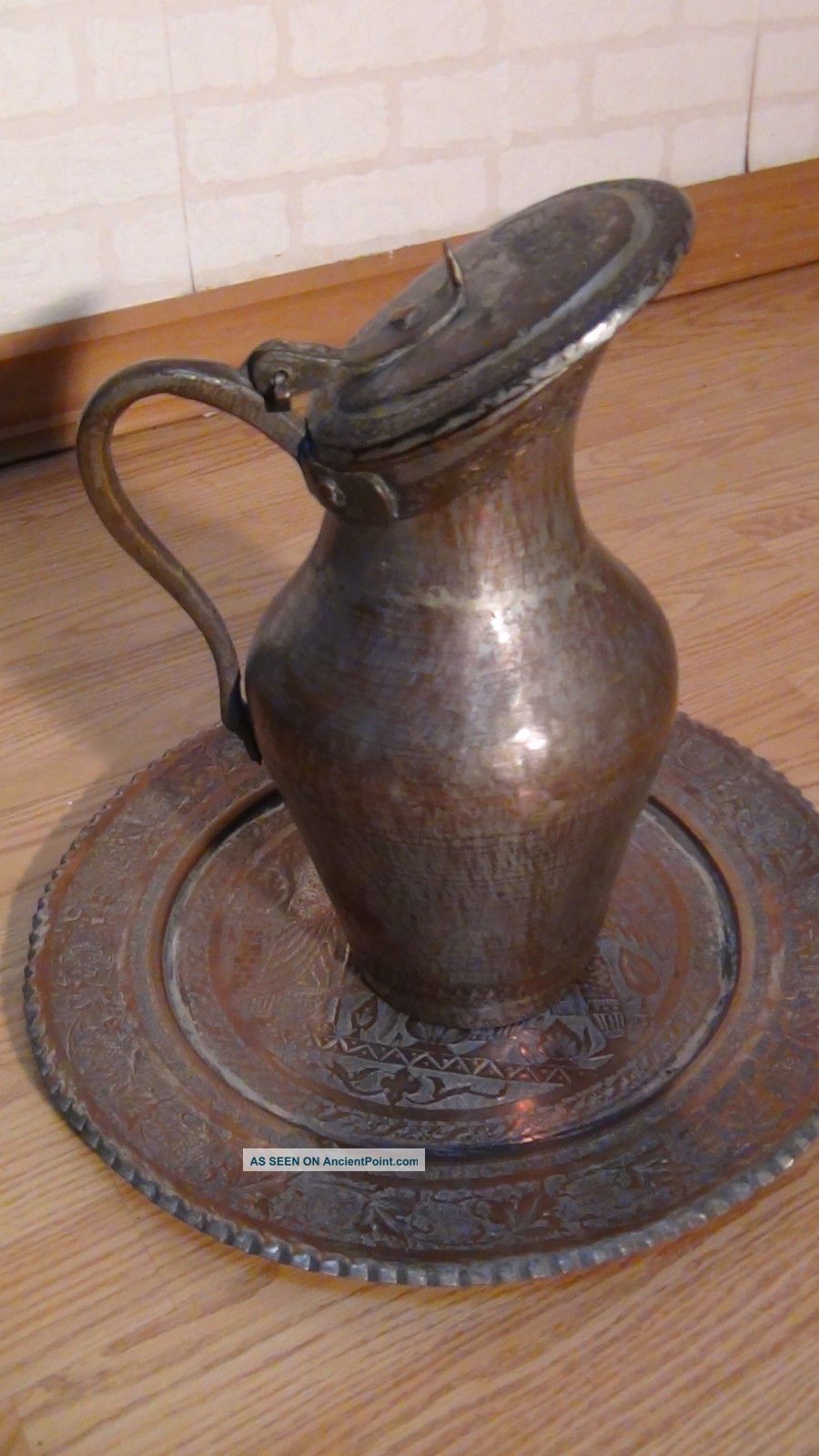 Antique 18c Islamic Persian Tinned Engraived Copper Tray And Ewer Hinting Scene Middle East photo