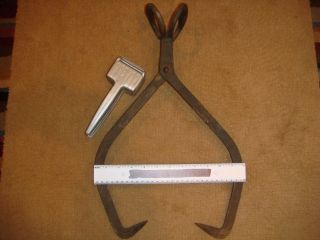 Vintage Large Ice Tongs Antique Iron Ice Block Carrier Pick With Ebaloy Crusher photo
