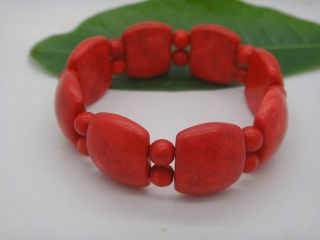 Collection Chinese Handwork Red Coral Carven Square Chain Bracelet photo