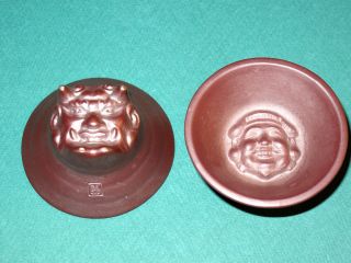 2 Rare Guinomi Japanese Sake Face Cups Demon Devil Oni Otafuku Stoneware Japan photo