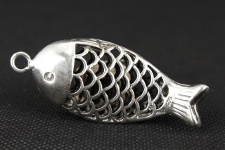 Chinese Old Miao Silver Handwork Hollow Out Carving Fish Pendant photo