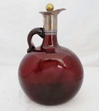 Antique Bergundy Glass Decanter Bottle Sterling Silver Hallmarked Top English photo